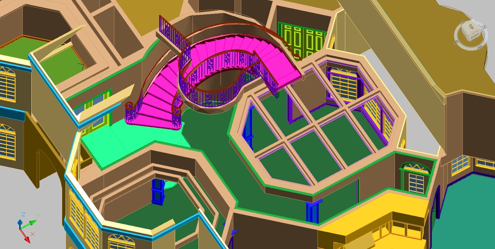 Top-down perspective layout wireframe of an AutoCAD home model structural design