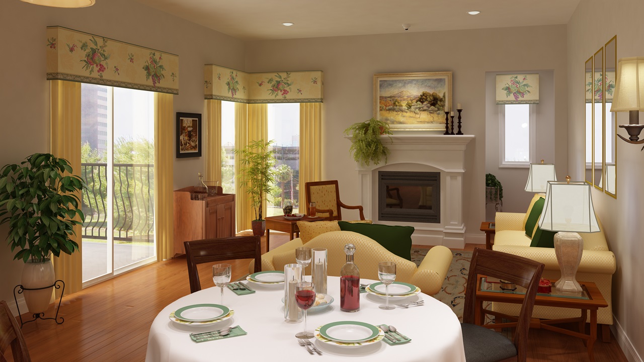 Interior living room photorealistic 3D rendering for real estate marketing