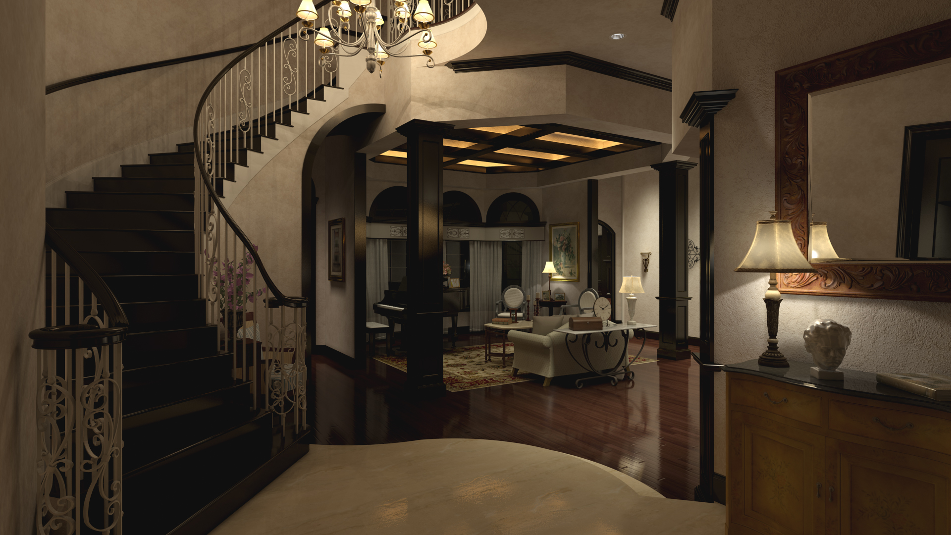 Luxury foyer architectural entry visualization and photorealistic materials rendering